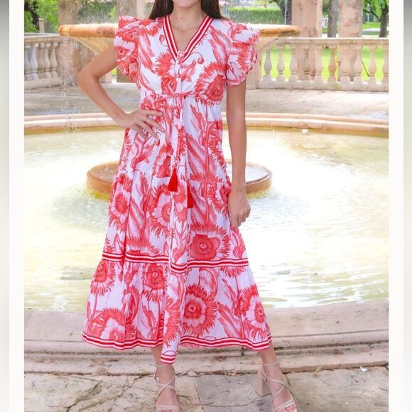 Islapayal Amalfi Linen Maxi Dress in Sunflower Red Print $229 MSRP - Picture 1 of 5